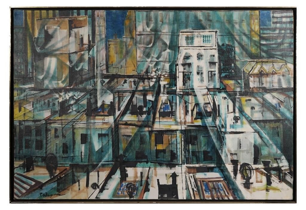 Appraisal: Mid-century modern oil on canvas cityscape painting circa early s