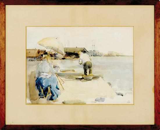 Appraisal: American school th century THE ARTIST AT THE HARBOR watercolor