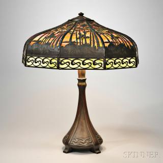 Appraisal: Handel Lamp Co Tropical Sunset Table Lamp Patinated bronze art