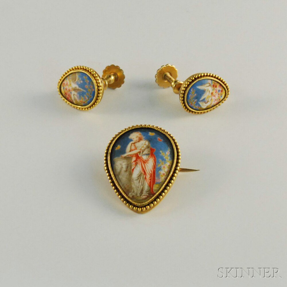 Appraisal: Antique Gold-filled and Enamel Brooch and Earrings the teardrop-shaped pin