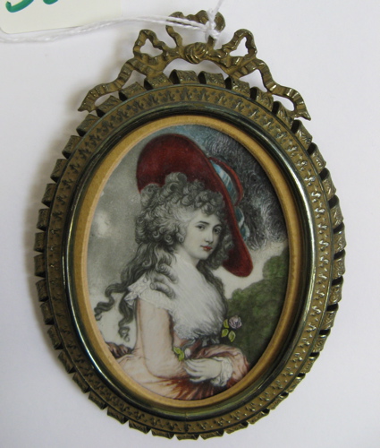 Appraisal: VICTORIAN MINIATURE OIL PAINTING woman with long curly hair wearing