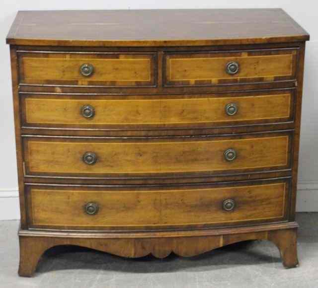 Appraisal: Yew Wood Bow Front Chest A beautiful banded and inlaid