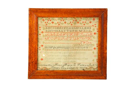 Appraisal: SAMPLER Mary E Farley American silk on linen Marking sampler