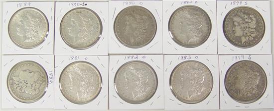 Appraisal: Ten Morgan Dollars -S F -S VF -O VF -O