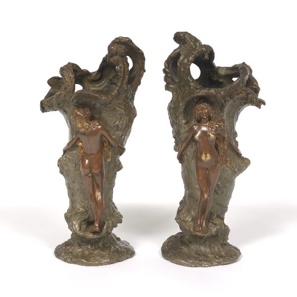 Appraisal: PAIR OF CARL KAUBA ART NOUVEAU BRONZE VASES and Pair