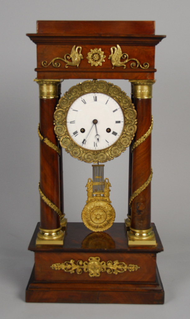 Appraisal: EMPIRE STYLE ORMOLU MOUNTED MAHOGANY MANTLE CLOCK height inches Condition