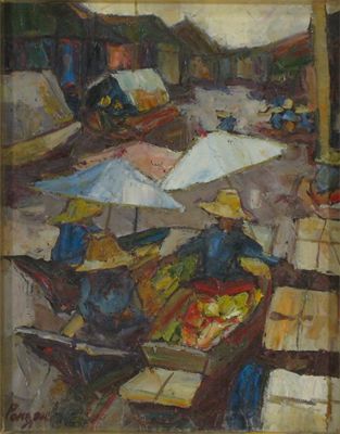 Appraisal: An oil on canvas of a market scene framed four