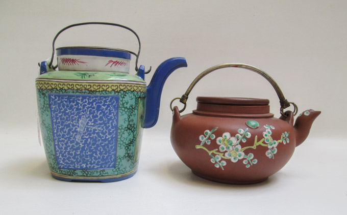 Appraisal: TWO HAND ENAMELED CHINESE YIXING REDWARE TEAPOTS Qing Dynasty one