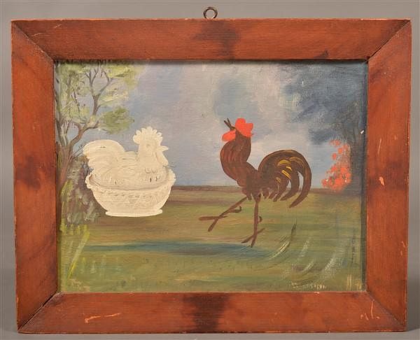 Appraisal: Folk Art Oil on Artist Board Painting of a Rooster