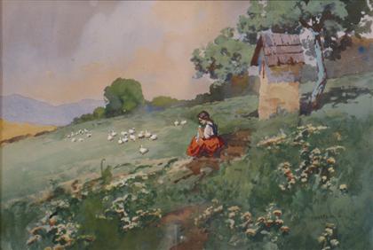 Appraisal: ANTAL NEOGRADY hungarian - WOMAN ON HILLSIDE WITH GEESE Signed