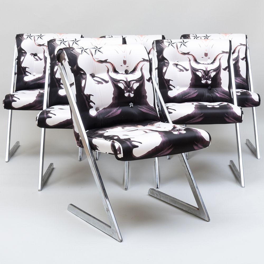 Appraisal: Set of Six Chrome Z Dining Chairs Upholstered in Roberto