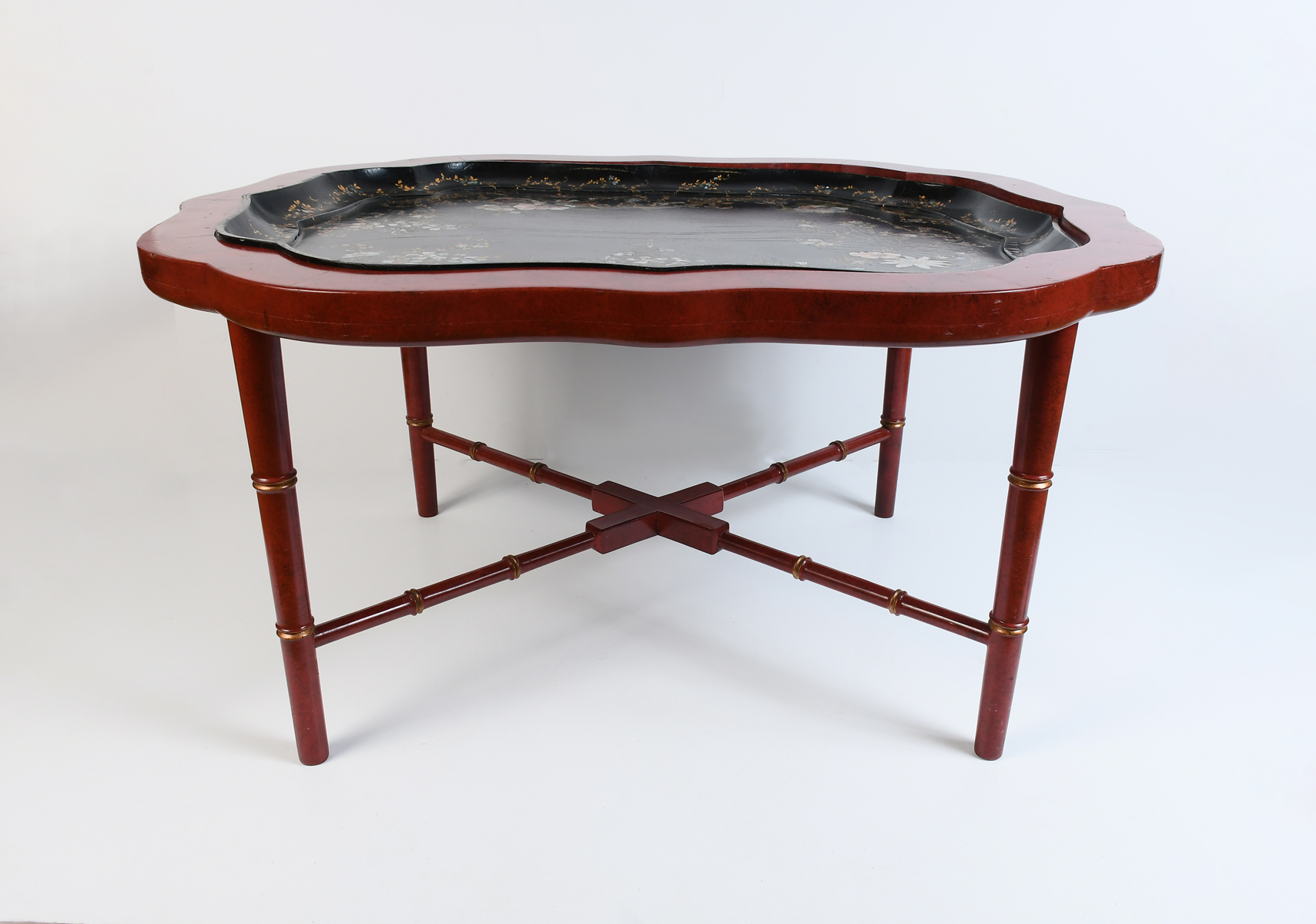 Appraisal: INLAID VICTORIAN PAPER MACHE TABLE WITH STAND Black lacquered Victorian