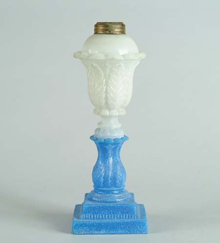 Appraisal: FROSTED CLAMBROTH AND BLUE PRESSED TULIP WHALE OIL LAMP Stepped