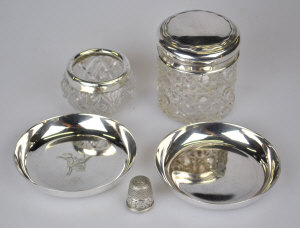 Appraisal: Two silver ashtrays a toilet jar with silver cover an