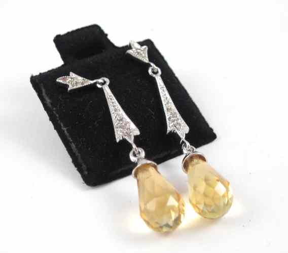 Appraisal: DIAMOND YELLOW CITRINE AND FOURTEEN KARAT WHITE GOLD PENDANT EARRINGS