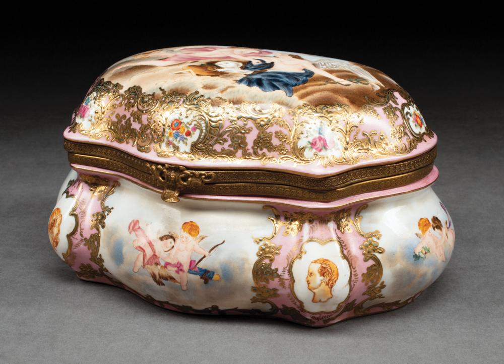 Appraisal: Sevres-Style Gilt and Polychrome Porcelain Dresser Box marked decorated with