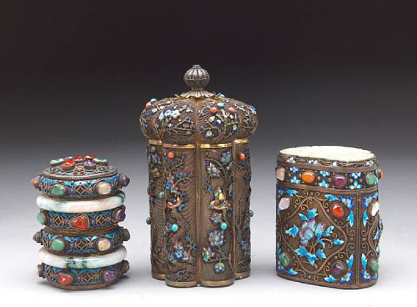 Appraisal: A group of three silver boxes with hardstone and colored