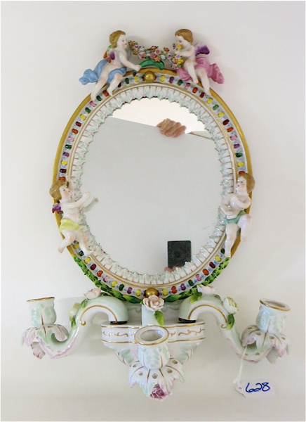 Appraisal: DRESDEN STYLE PORCELAIN MIRROR of oval form with three scroll