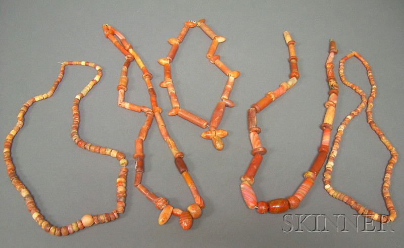 Appraisal: Five Strands of Pre-Columbian Carnelian Beads Columbia Tairona various shaped