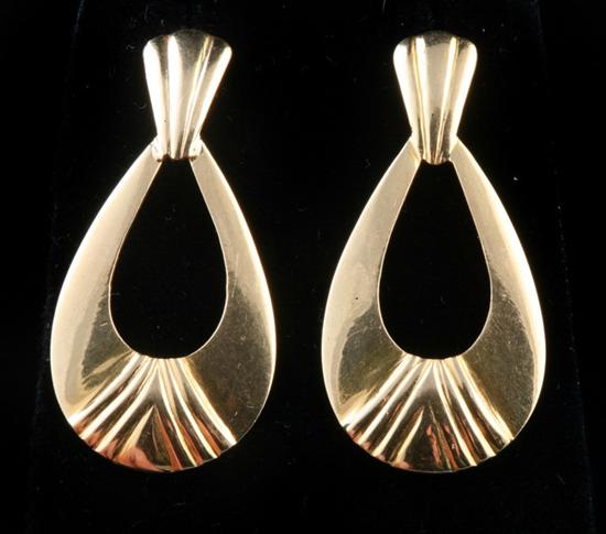 Appraisal: PAIR K YELLOW GOLD GEOMETRIC BOOMERANG DANGLE EARRINGS Drop-shape hoops