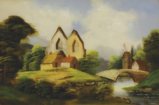 Appraisal: British school th century PAIR WORKS VILLAGE LANDSCAPES WITH WINDMILLSreverse