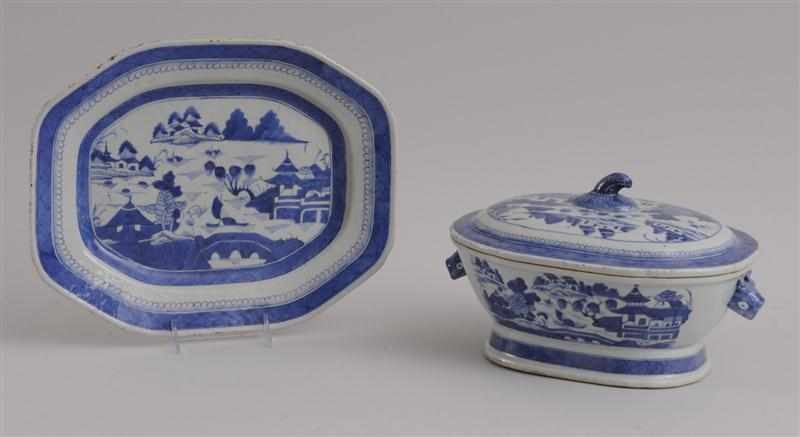 Appraisal: CANTON BLUE AND WHITE PORCELAIN WILLOW PATTERN TUREEN COVER AND