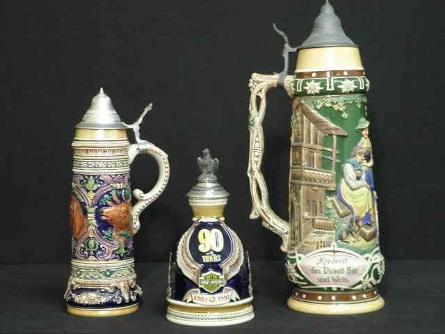 Appraisal: Three German porcelain figural beer steins Each decorated with raised