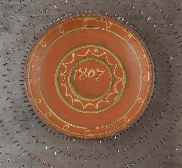 Appraisal: Pennsylvania redware charger dated decorated with yellow and green slip