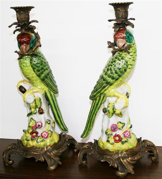 Appraisal: Pair Chinese Export porcelain figural candleholders parrot-form perched on stump