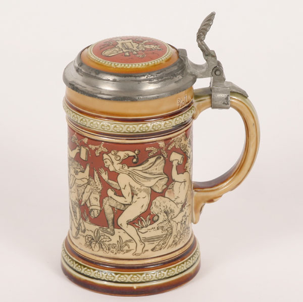 Appraisal: Mettlach stein dancing and drinking scene with Bacchus L marked