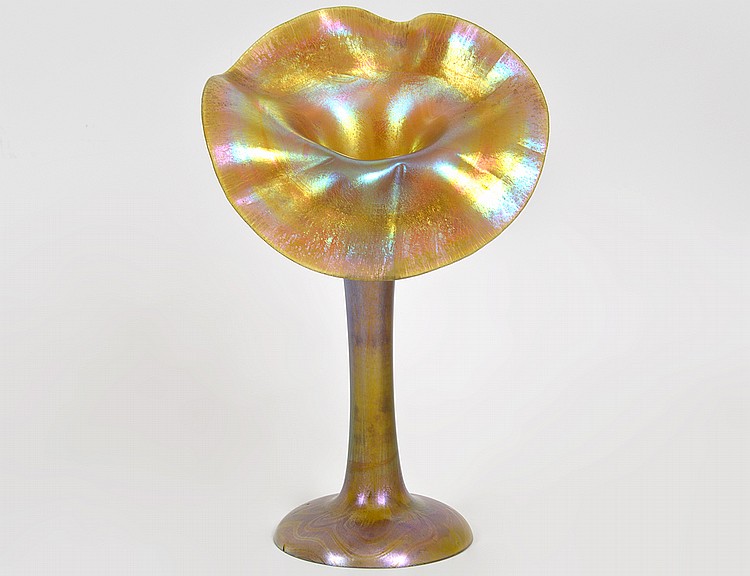 Appraisal: IRIDESCENT BLUE GOLD GLASS 'JACK-IN-THE- PULPIT'Circa possibly Tiffany Of typical