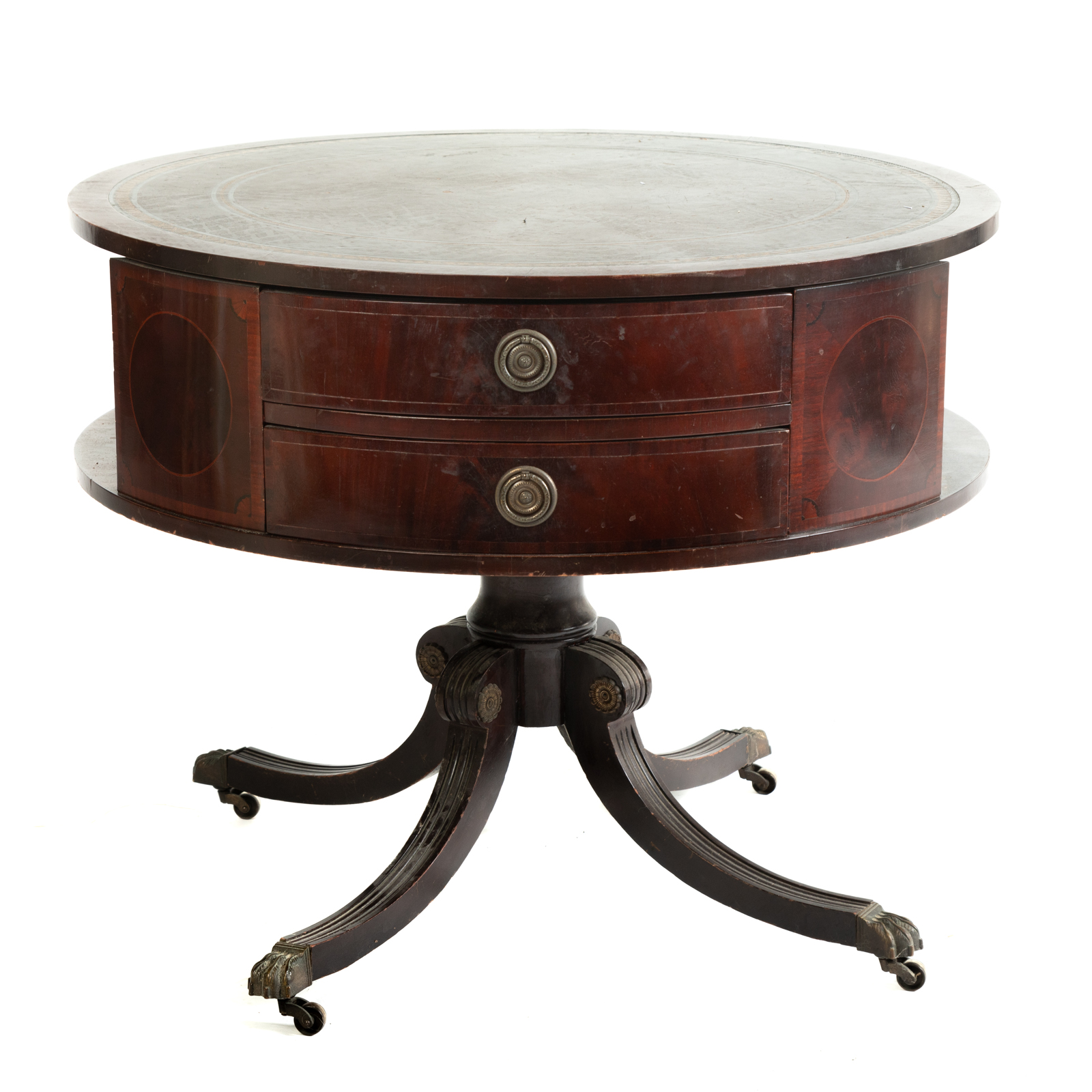 Appraisal: CLASSICAL STYLE LEATHER TOP MAHOGANY DRUM TABLE Circa with four