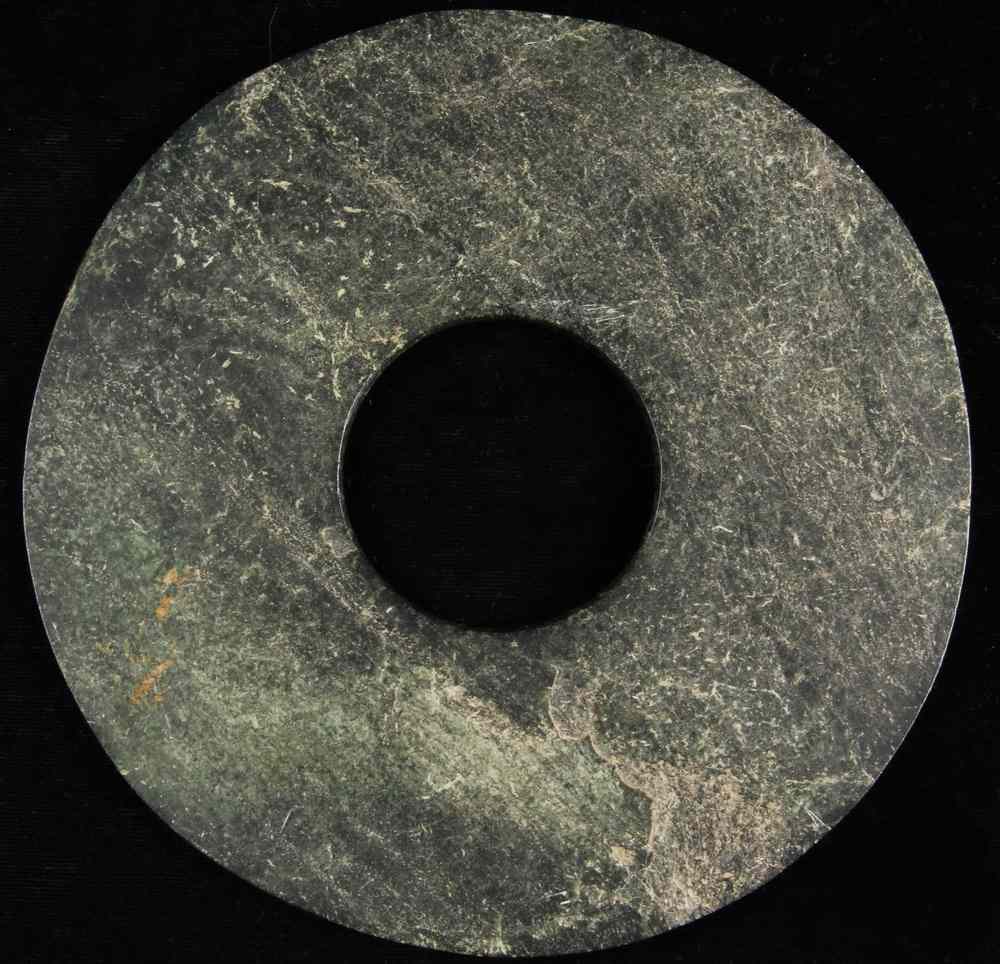 Appraisal: NEOLITHIC CHINESE GREEN JADE BI DISC - of a dark