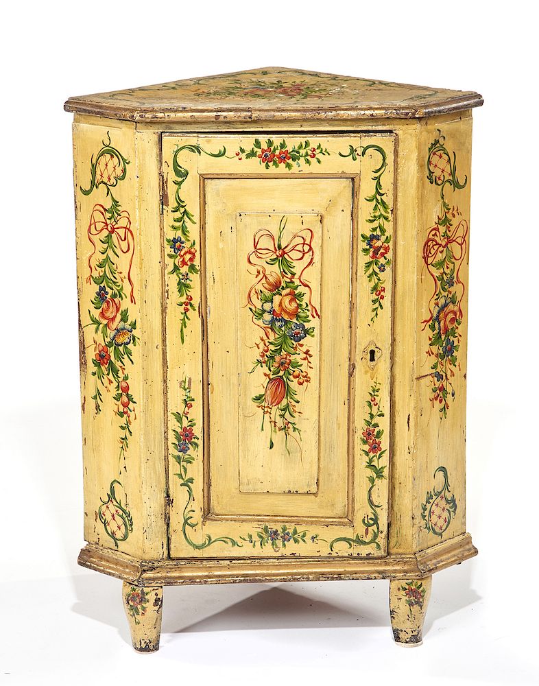 Appraisal: Neoclassical paint decorated corner cupboard Neoclassical paint decorated corner cupboard