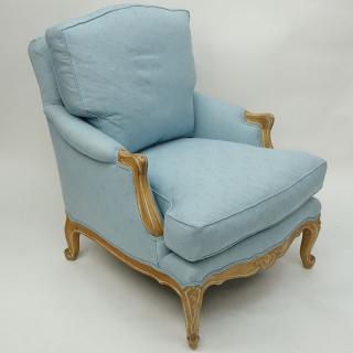 Appraisal: Vintage Carved Wood and Blue Upholstered Bergere Chair Vintage Carved