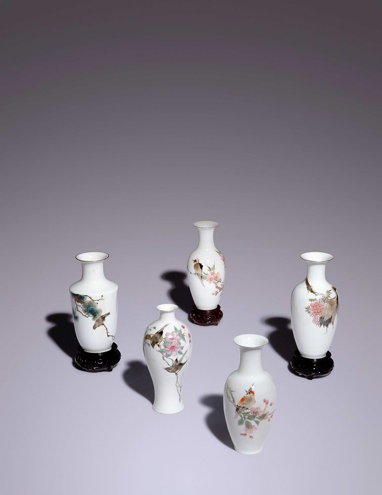 Appraisal: Five Famille Rose Eggshell Porcelain 'Birds' Vases Height average in