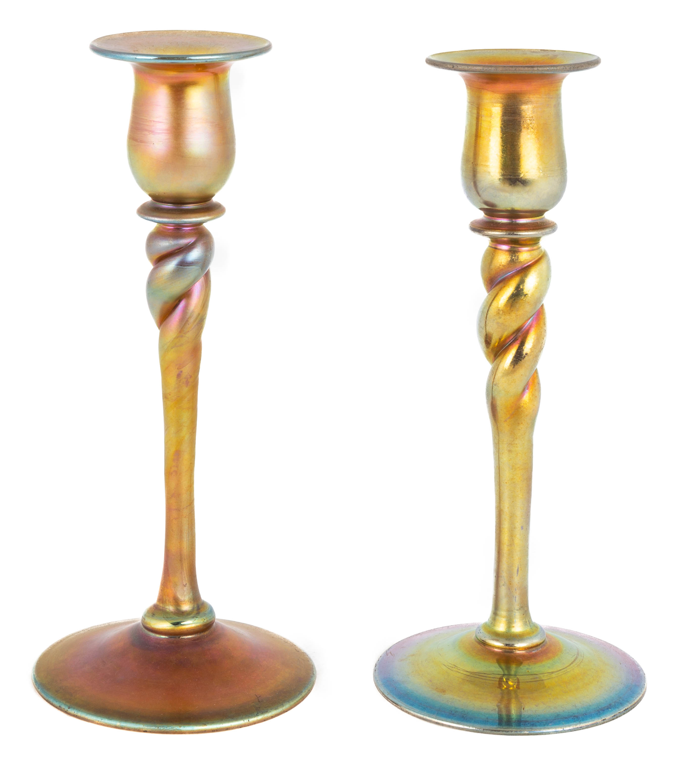 Appraisal: SIMILAR STEUBEN GOLD AURENE CANDLESTICKS WITH TWISTED STEM Corning NY