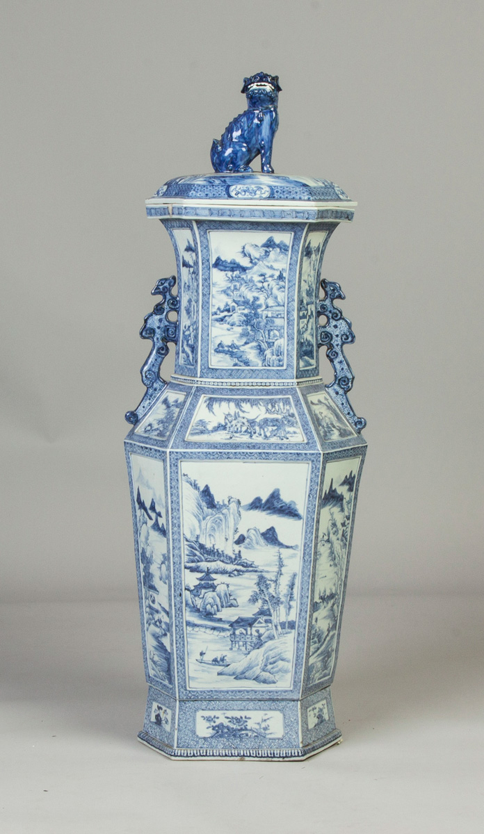 Appraisal: Chinese Blue White Decorated Floor Vase th cent Landscape scenes