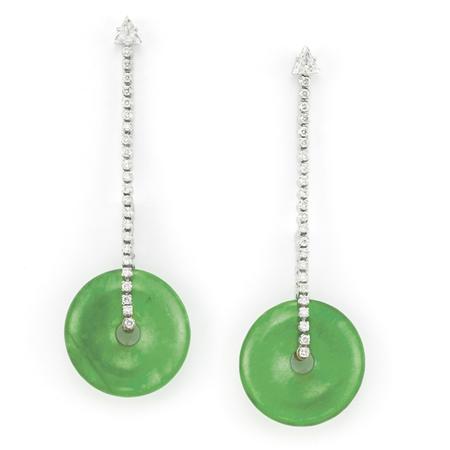 Appraisal: Pair of White Gold Diamond and Jade Pendant-Earrings Estimate -