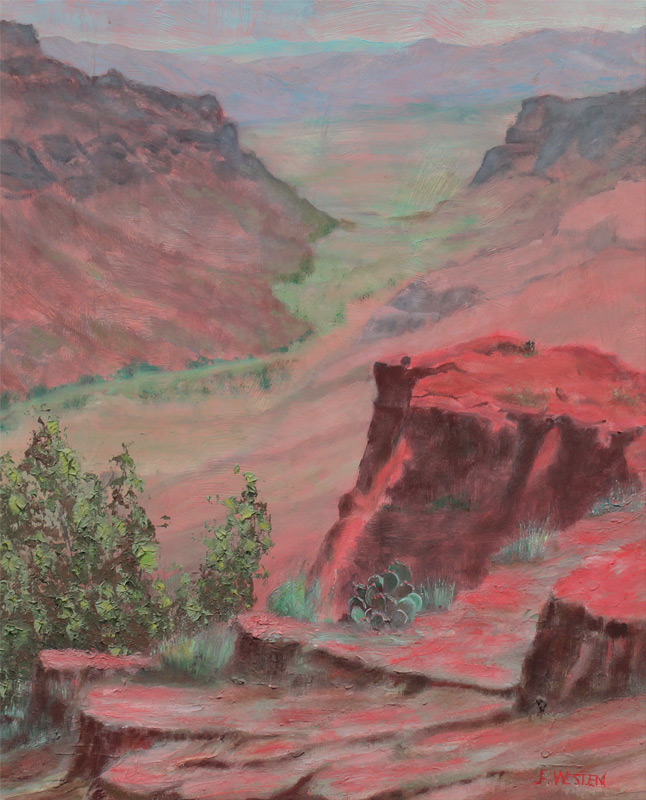 Appraisal: J WESTEN WESTERN CANYON LANDSCAPE PAINTING Oil Board '' x