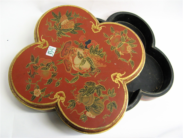 Appraisal: TWO CHINESE HAND PAINTED LACQUERED BOXES with black interiors One