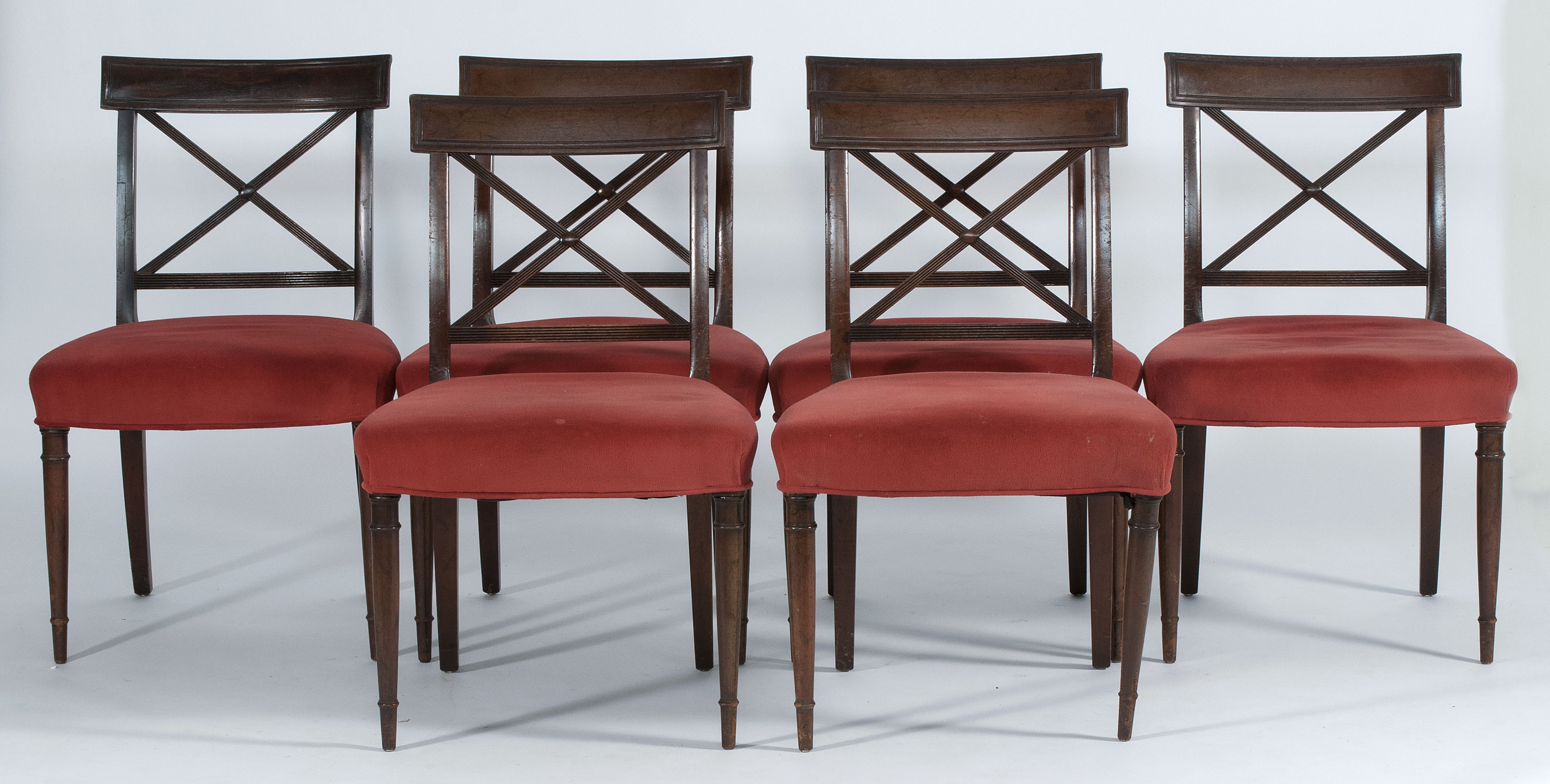 Appraisal: SIX HEPPLEWHITE-STYLE SIDE CHAIRS Early th CenturyIn mahogany with reeded