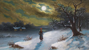 Appraisal: Manz early th century- Figure in a moonlit winter woodland