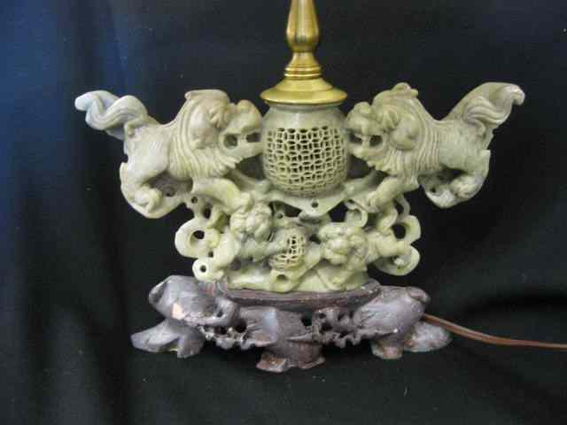 Appraisal: Chinese Carved Soapstone Figural Lamp foo dog decor elaborate openwork