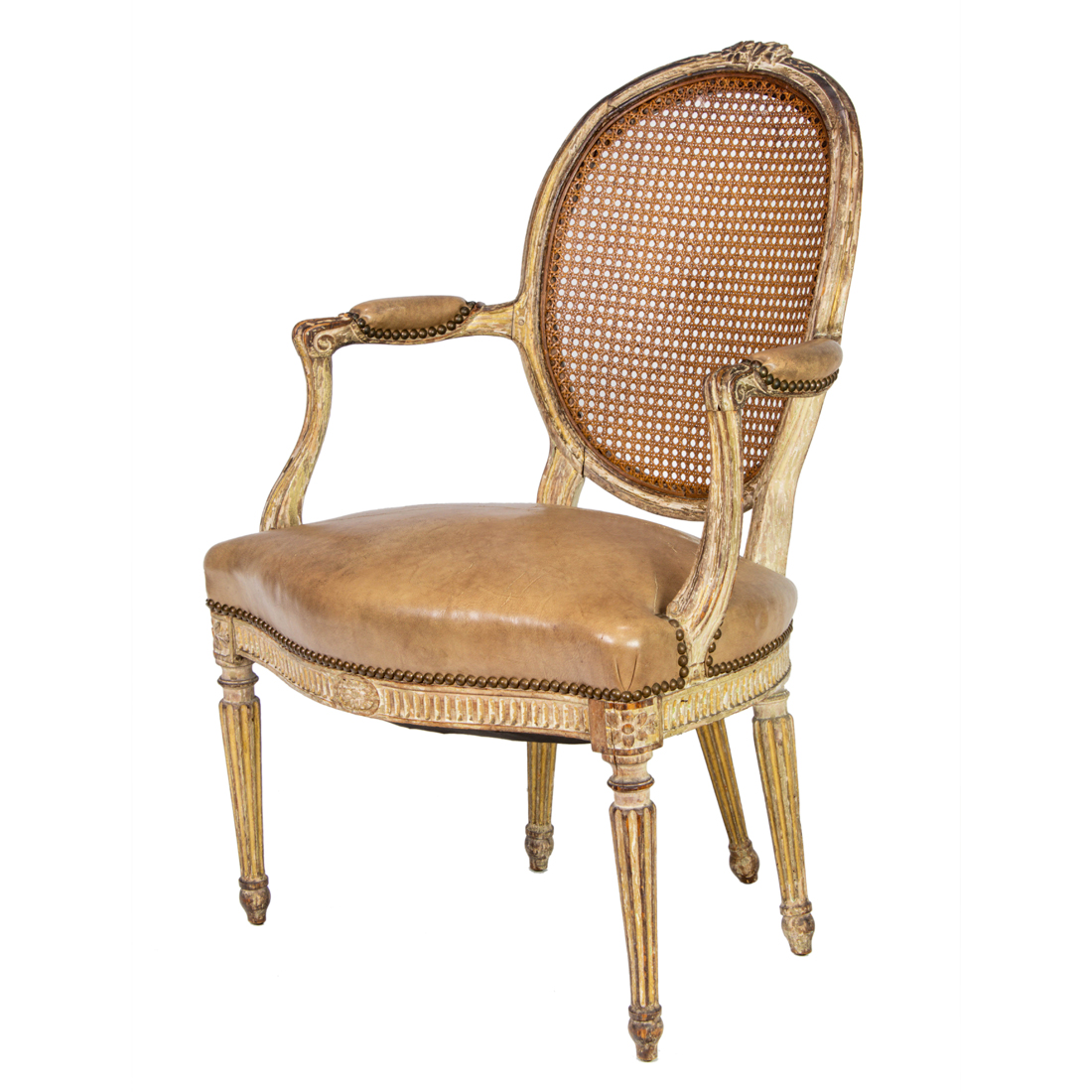 Appraisal: LOUIS XVI STYLE LEATHER UPHOLSTERED PAINTED FAUTEUIL TH CENTURY Louis