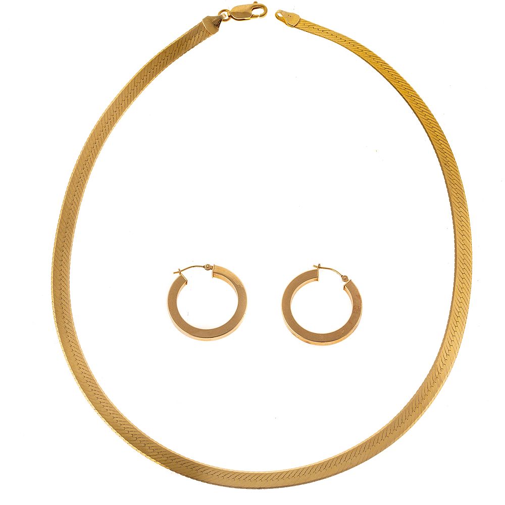 Appraisal: A Wide Herringbone Necklace Pair of Hoops in K K