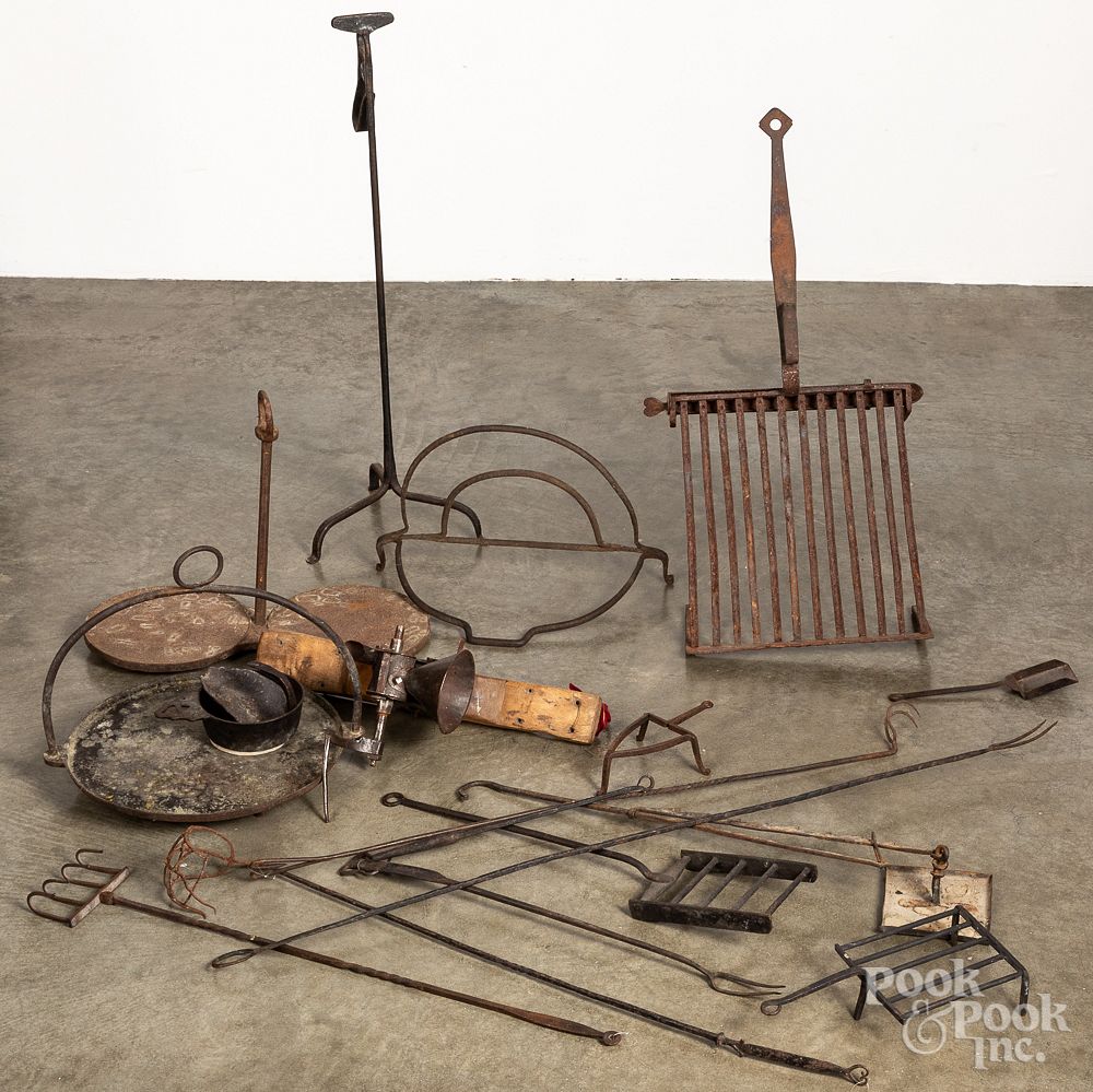 Appraisal: Wrought iron hearth equipment Wrought iron hearth equipment a trammel