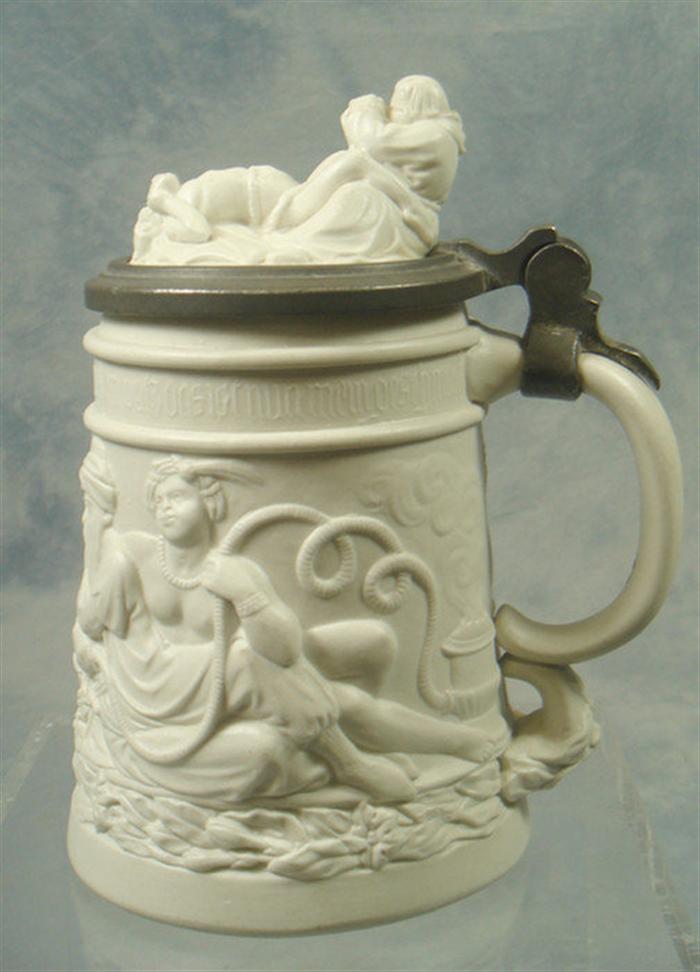 Appraisal: Erotic Parian porcelain German stein inset pewter framed lid depicting