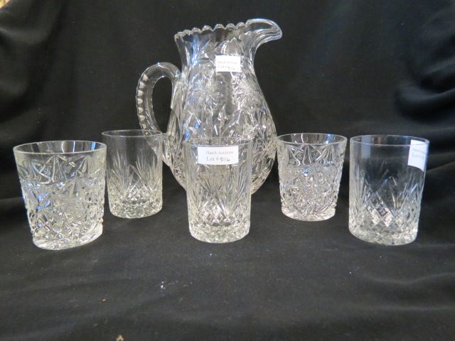 Appraisal: Cut Glass Beverage Set deeply cut floral design pitcher together