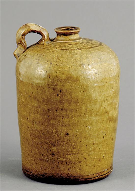 Appraisal: Southern stoneware jug circa cylindrical form with olive alkaline glaze